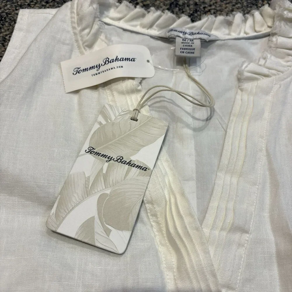 Tommy Bahama Two Palms Double Ruffle Dress Linen In White New Size Medium - Picture 2 of 8